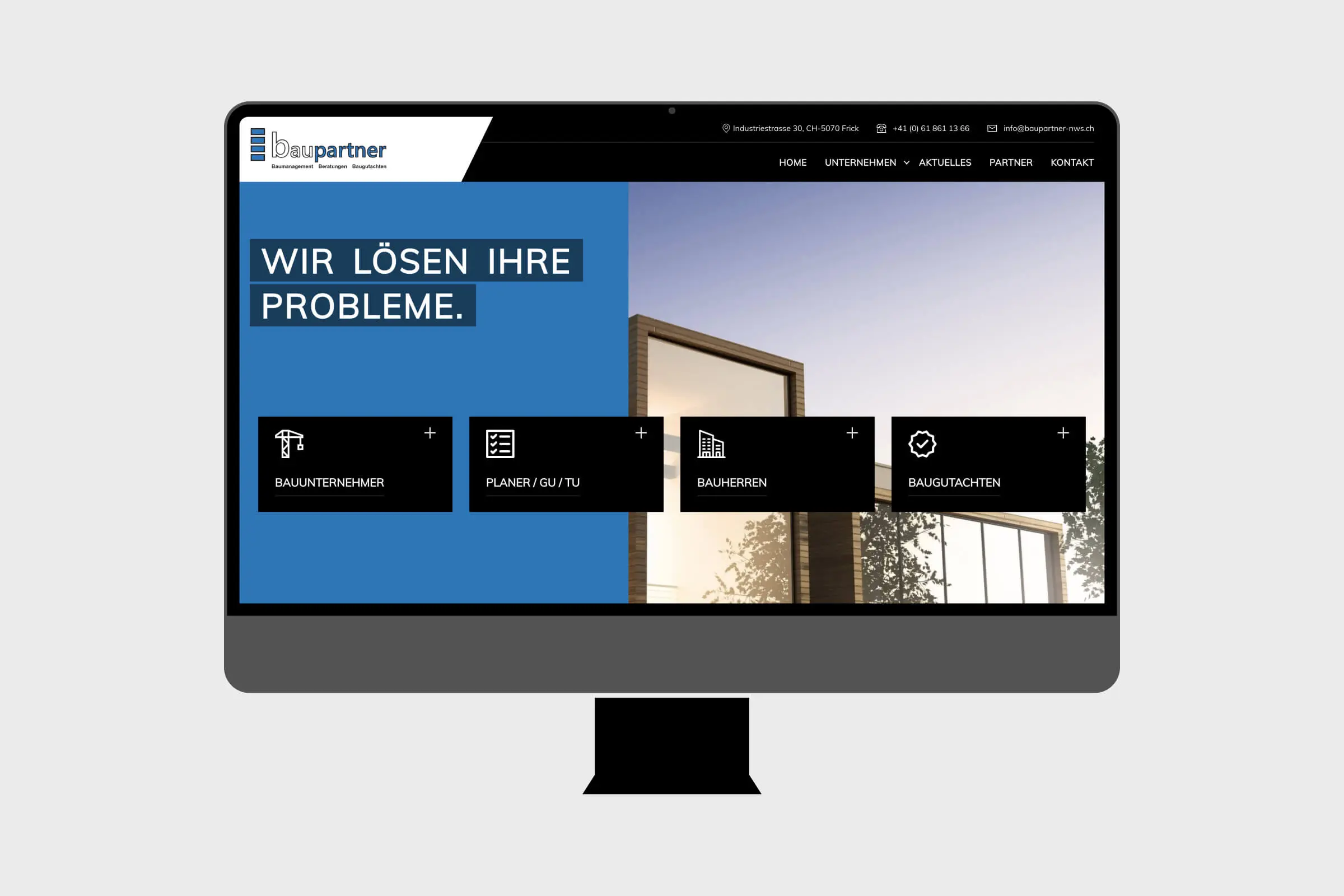 Startseite der Website der baupartner nws GmbH im Desktop-Monitor-Mockup