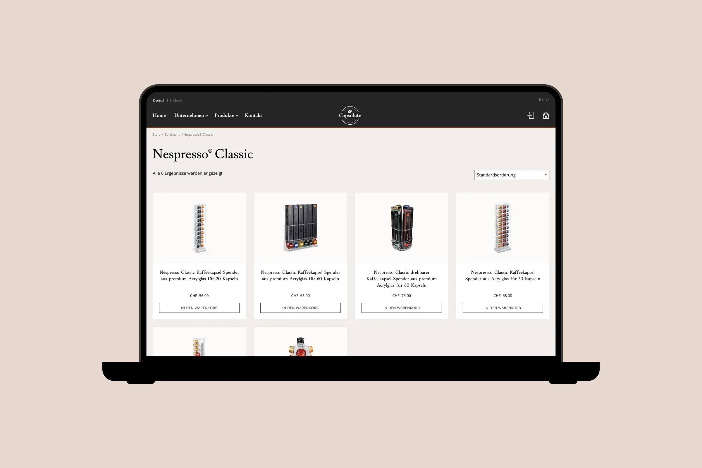 Laptop-Mockup mit Produktkategorie "Nespresso Classic" im Onlineshop von Capsolute