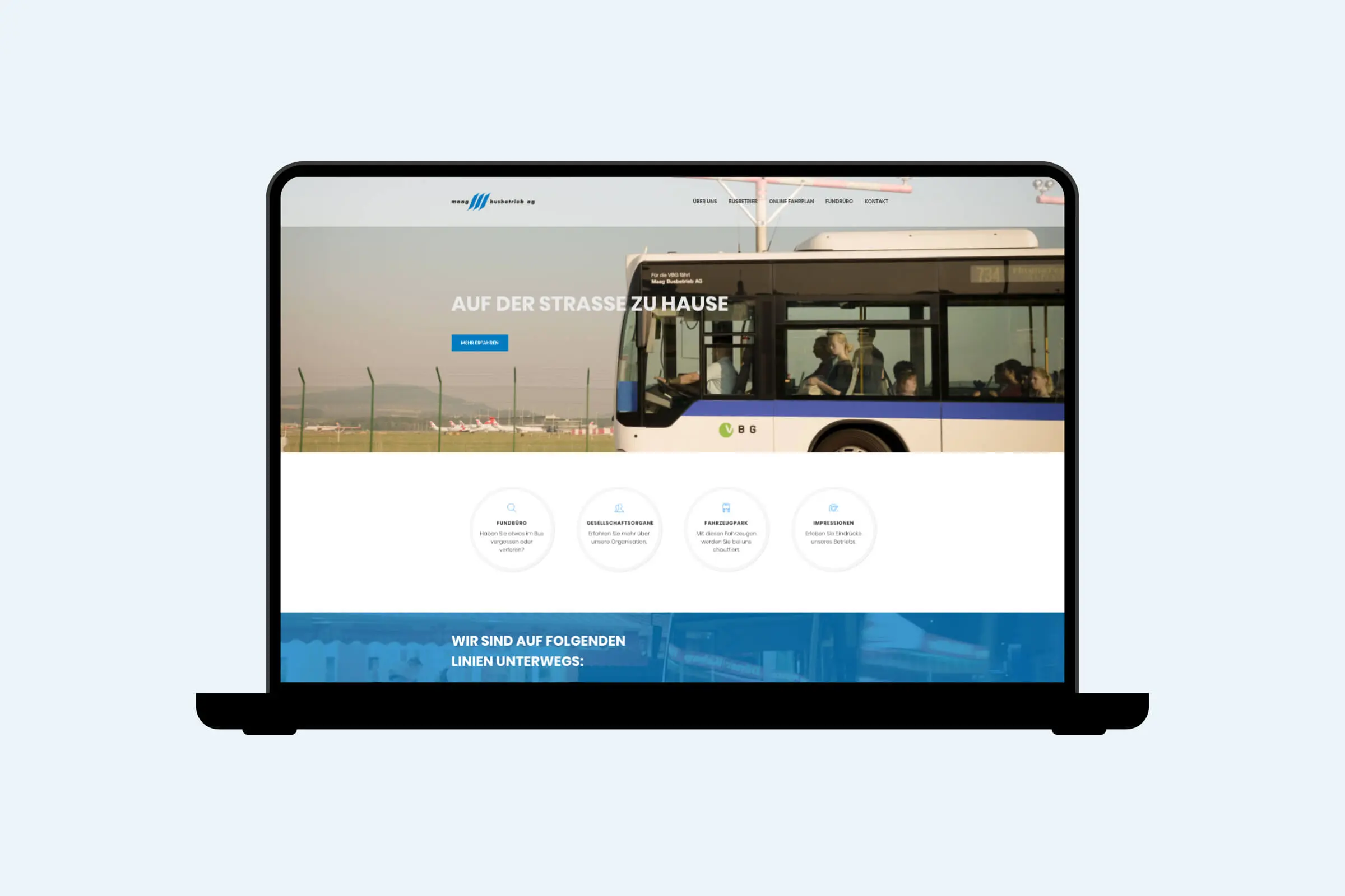 Laptop-Mockup mit der Startseite der Website der Maag Busbetrieb AG