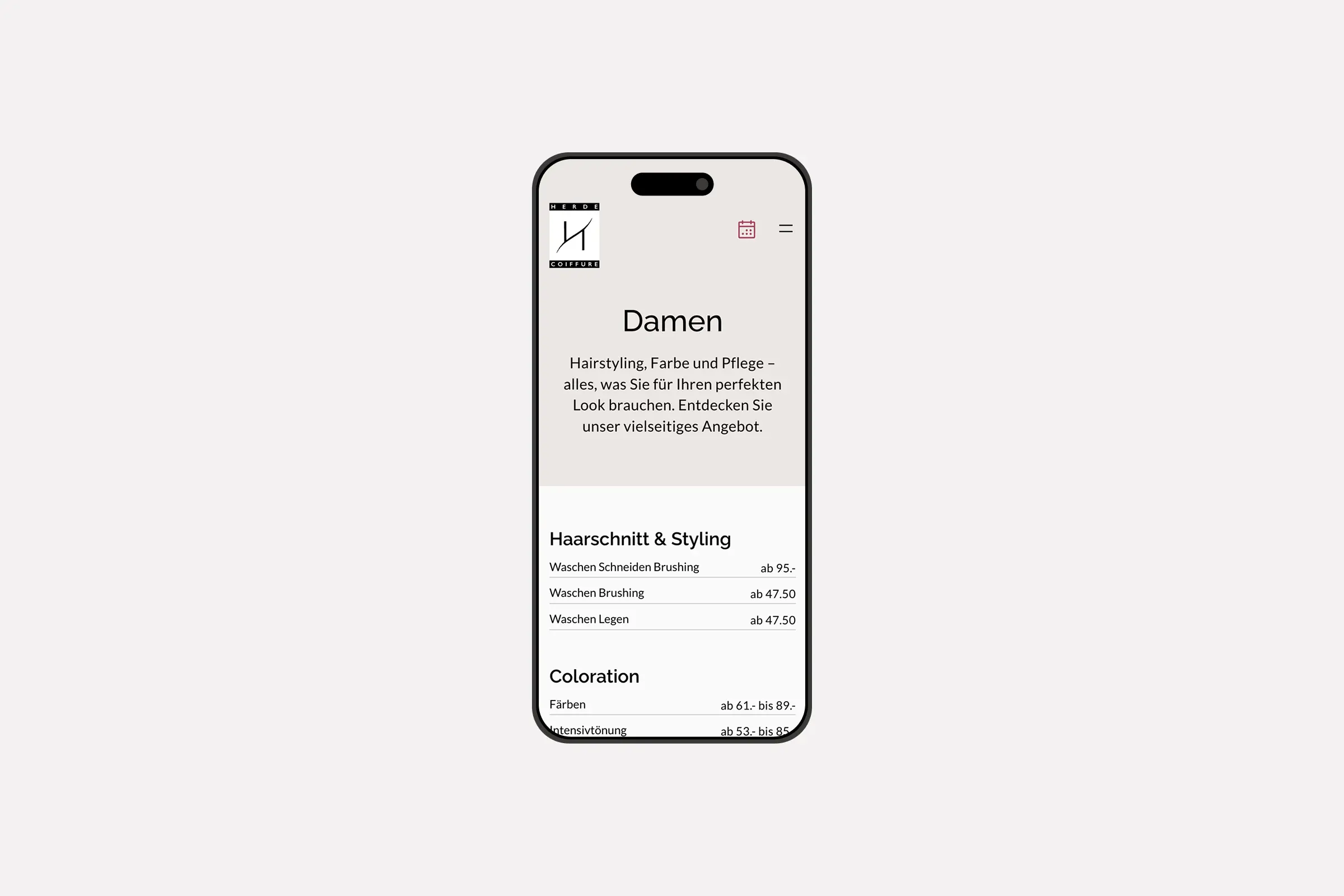 Smartphone-Mockup mit der Seite "Damen" der Website von Coiffure Herde