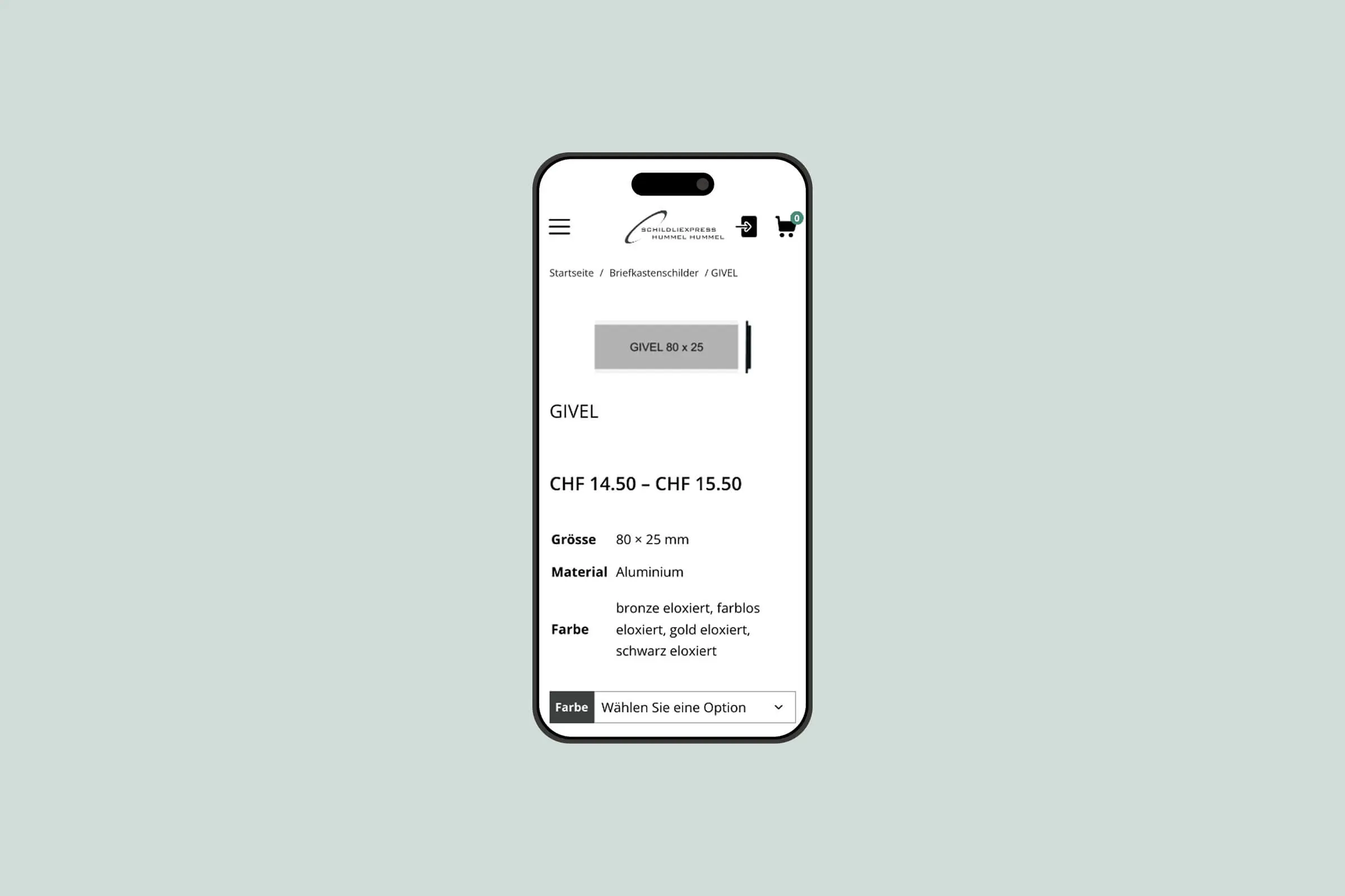 Smartphone-Mockup mit Produktseite für ein Briefkastenschild im Onlineshop von SCHILDLIEXPRESS HUMMEL