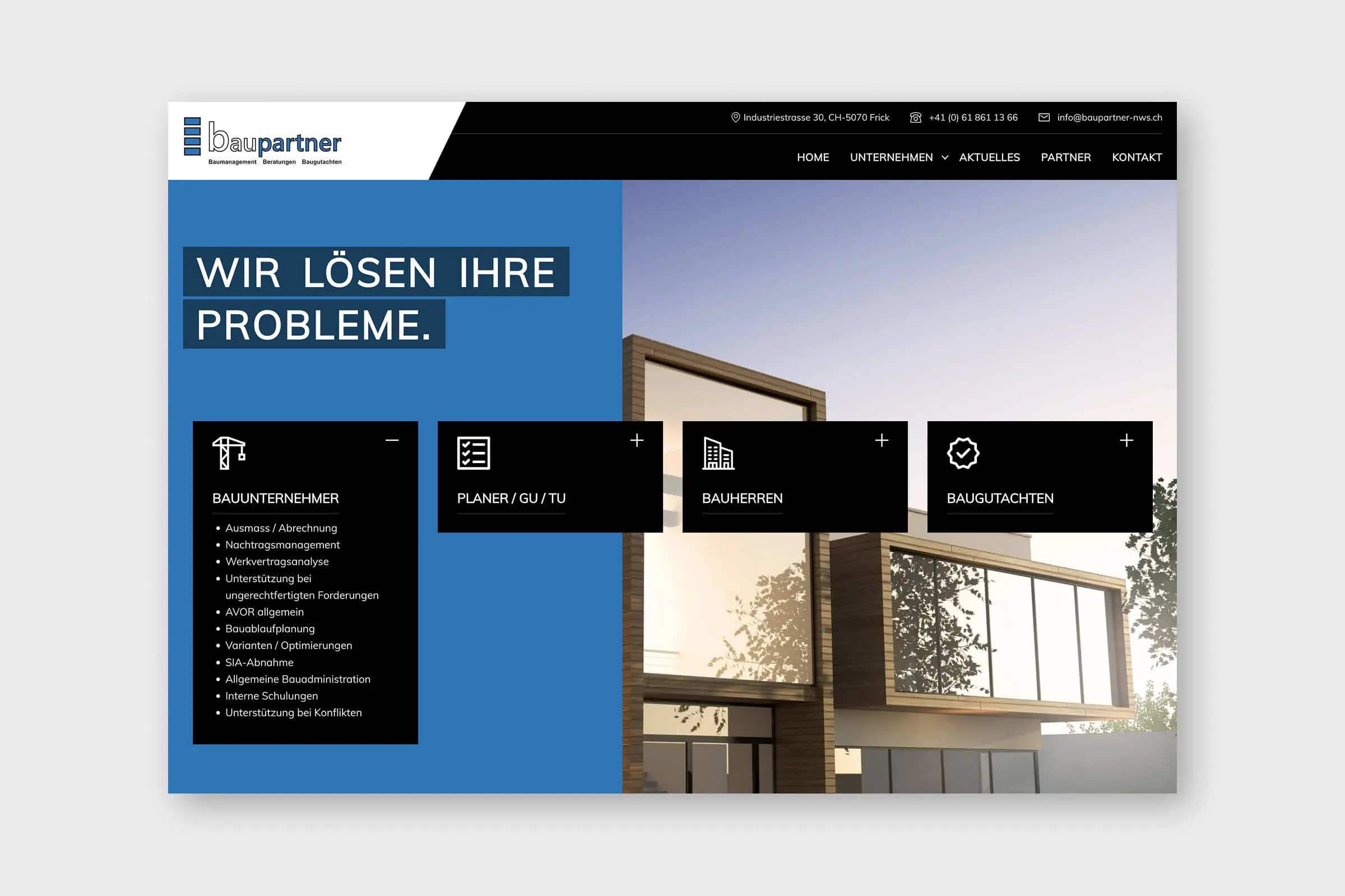 Startseite der Website der baupartner nws GmbH mit Leistungsbereichen