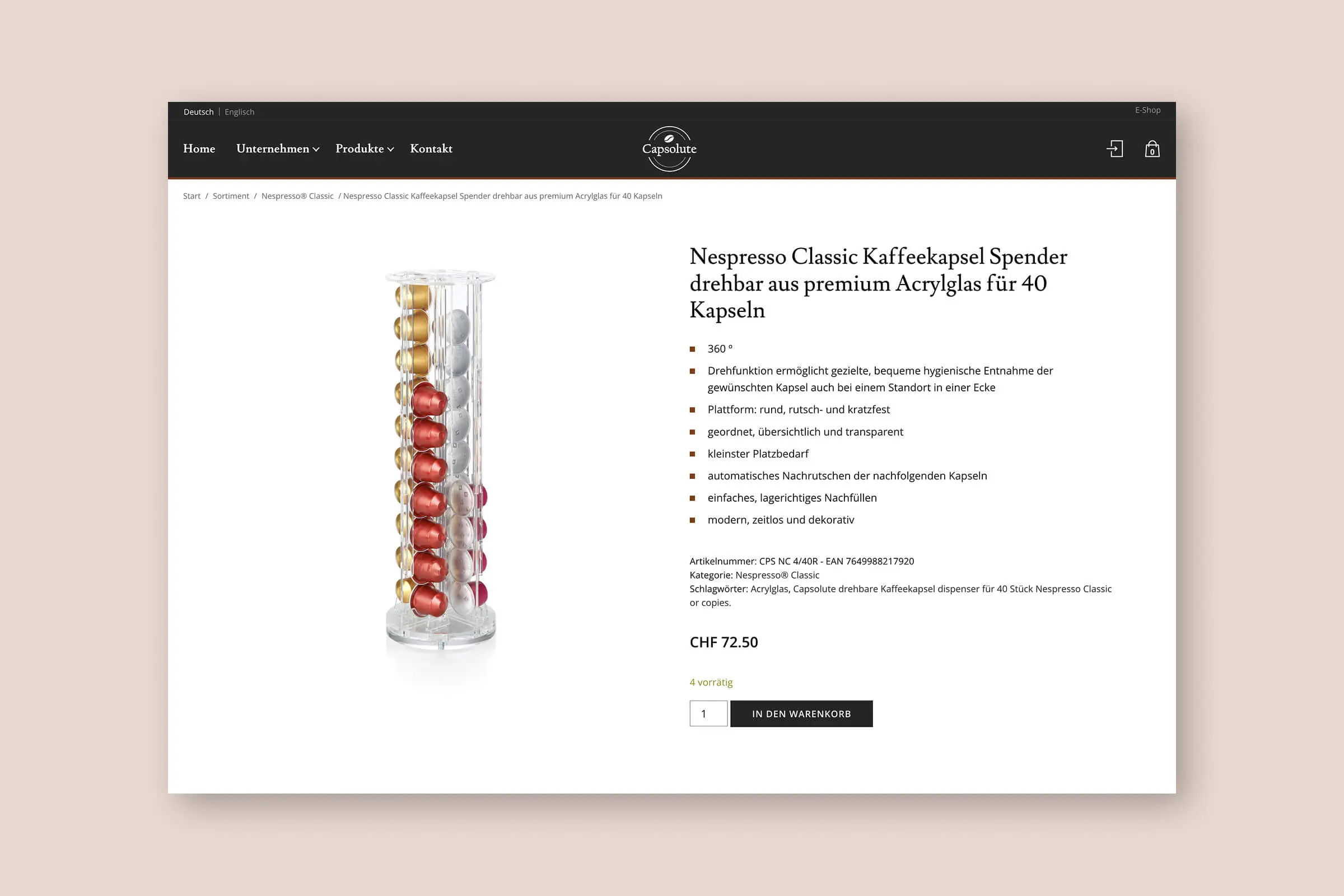 Produktseite für einen Nespresso-Kaffeekapsel-Spender im Onlineshop von Capsolute
