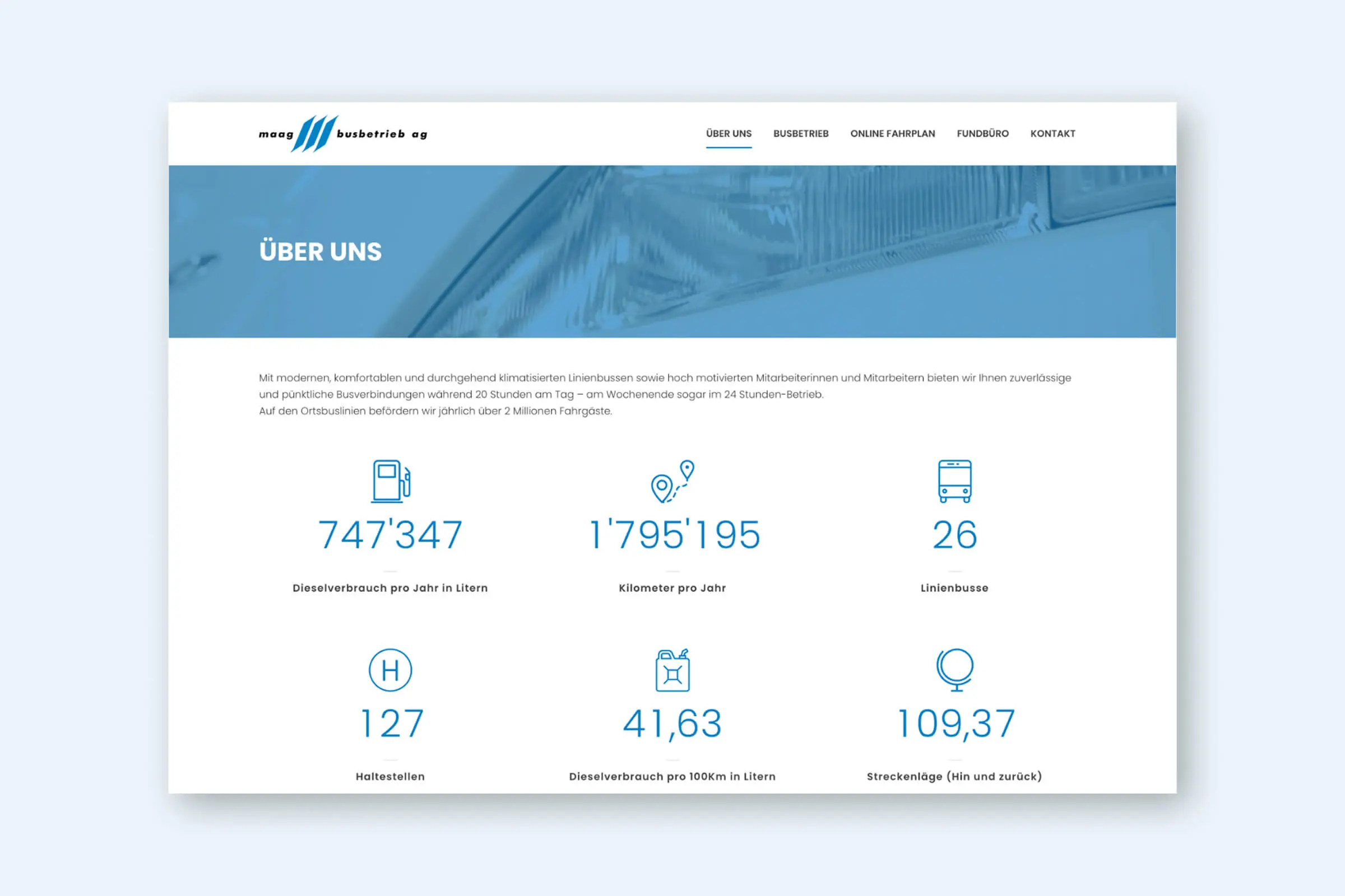 Über-uns-Seite der Website der Maag Busbetrieb AG mit Kennzahlen zum Busbetrieb