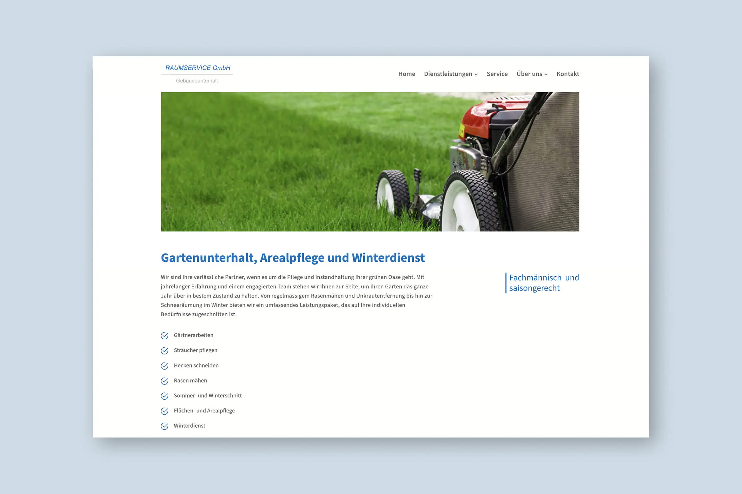 Dienstleistungsseite "Gartenunterhalt, Arealpflege und Winterdienst" der Website von RAUMSERVICE GmbH
