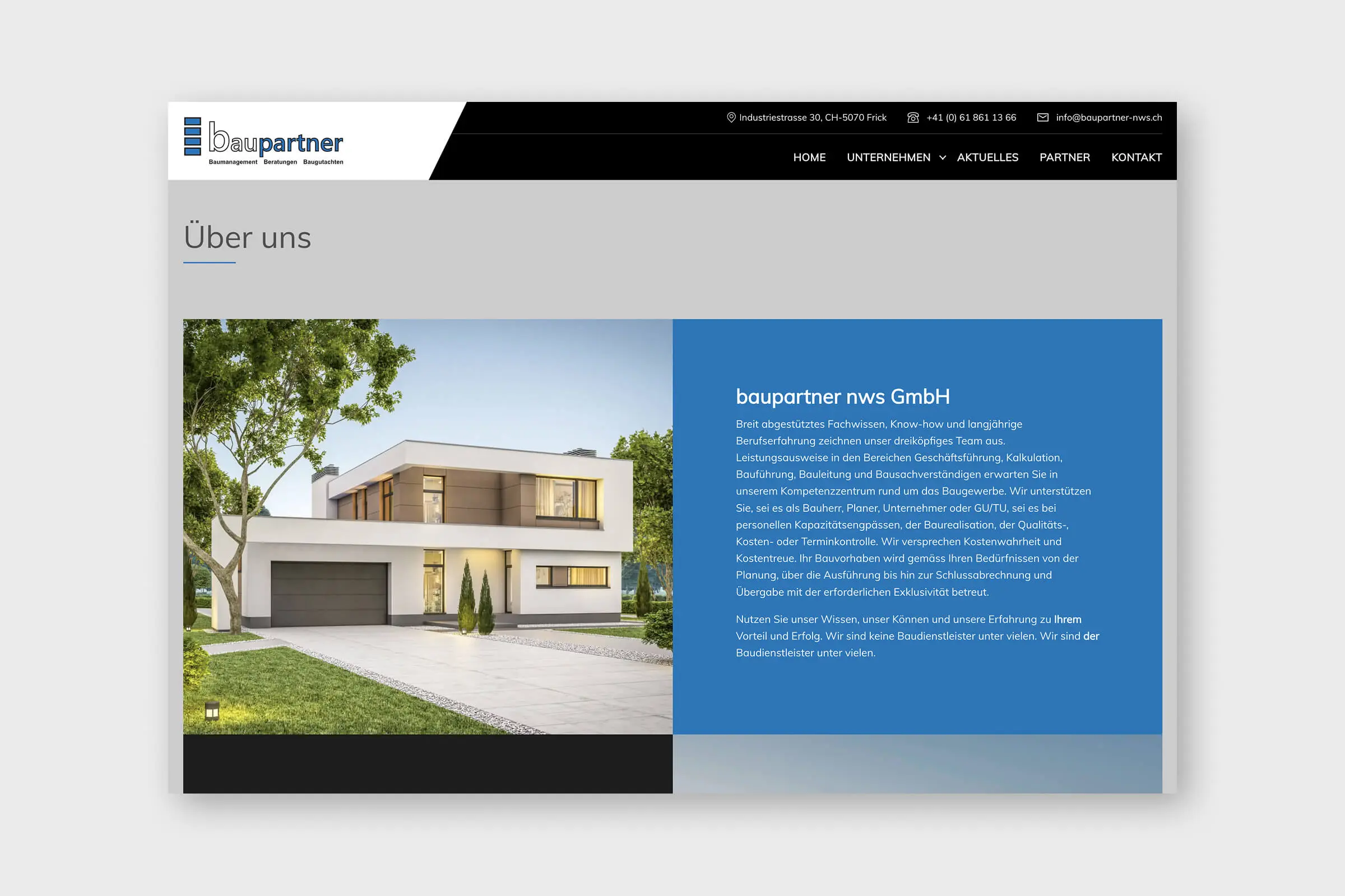 Über-uns-Seite der Website der baupartner nws GmbH mit modernem Wohnhaus