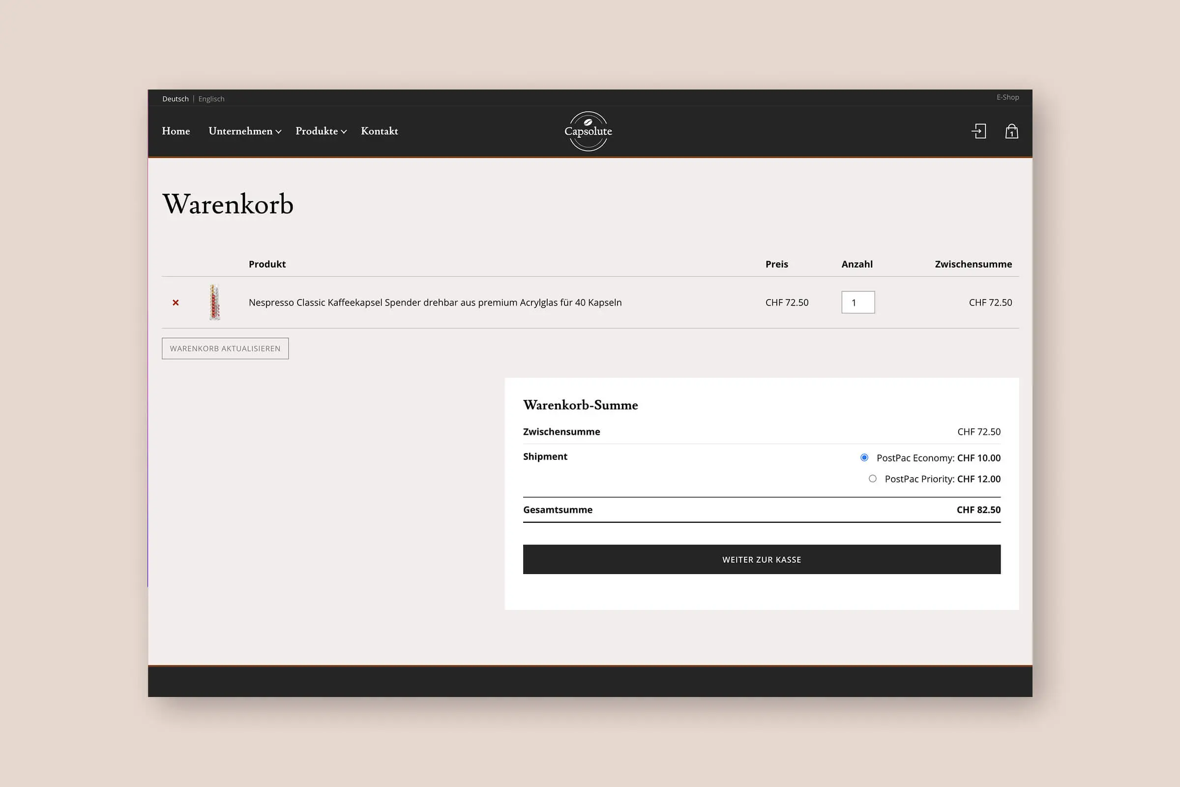 Warenkorb-Seite im Onlineshop von Capsolute