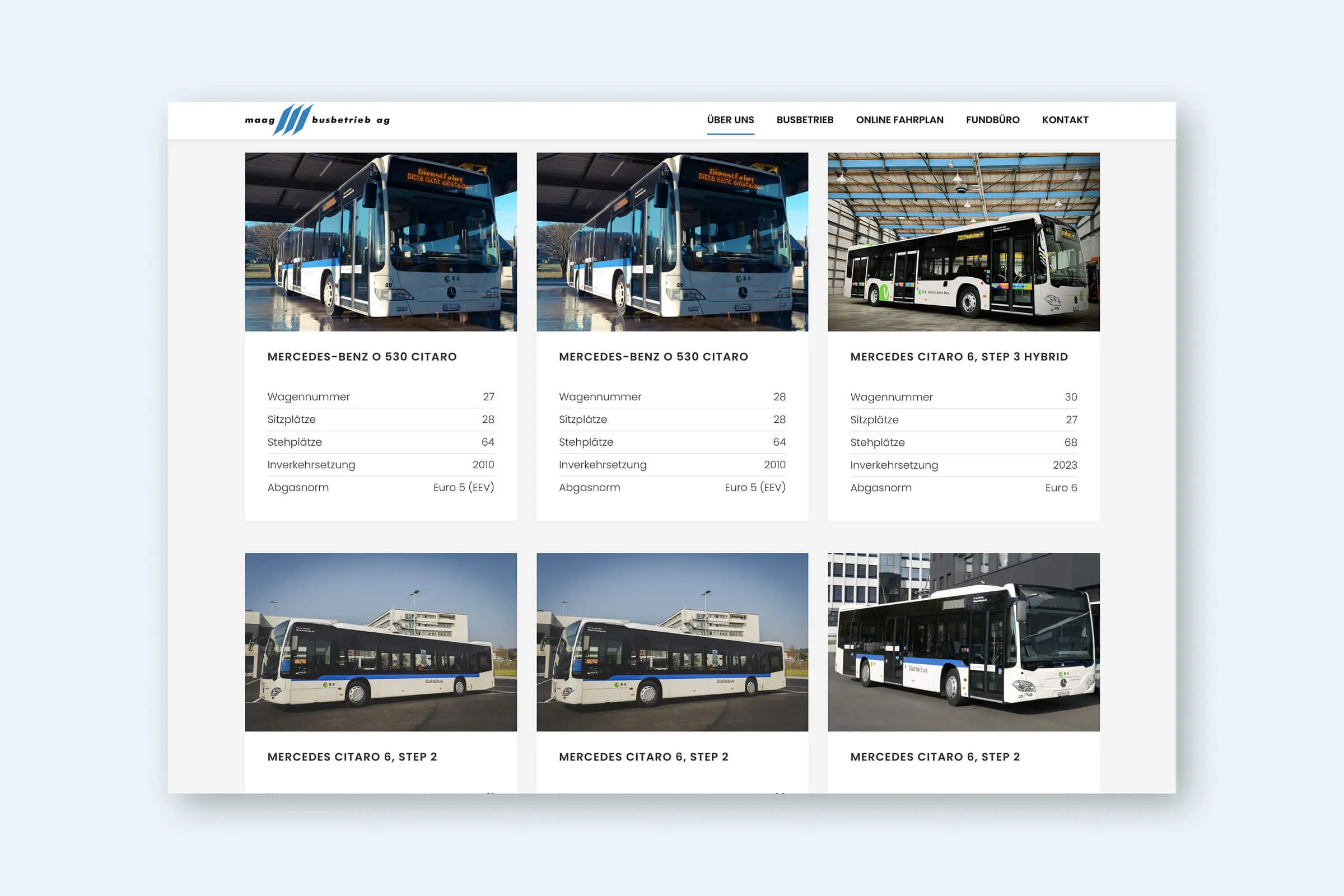 Website der Maag Busbetrieb AG mit Übersicht der Busflotte